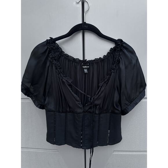 Bebe Black Silk Linen Corset Top Off The Shoulder Y2K Milkmaid Coquette Sz 4 - Picture 11 of 15